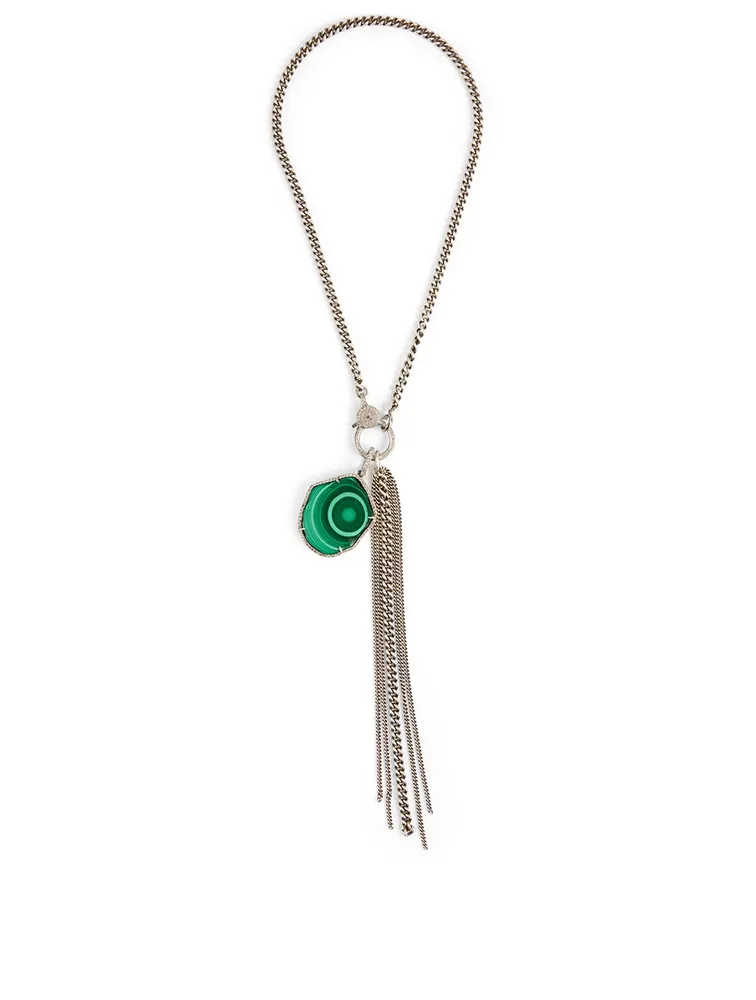 SHERYL LOWE Silver Fringe Necklace With Malachite And Diamonds