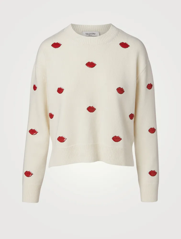 VALENTINO Wool And Cashmere Crewneck Sweater With Embroidered Lips