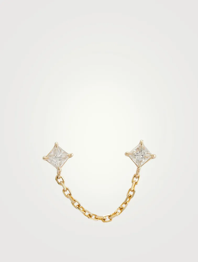 18K Gold Linked Chain Earring With Diamonds