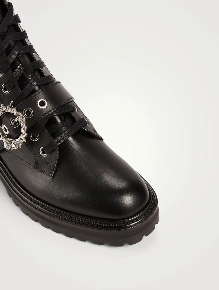 JIMMY CHOO Cora Leather Combat Boots With Crystal Buckle