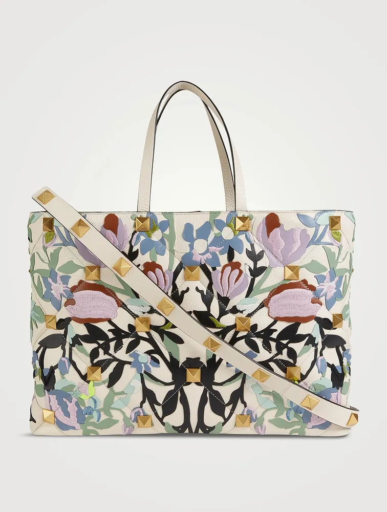 VALENTINO GARAVANI Large Roman Stud Leather Tote Bag In Floral