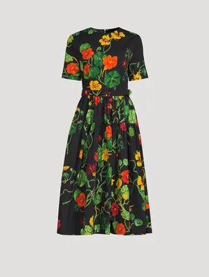 OSCAR DE LA RENTA Belted Poplin Dress Dahlia Print