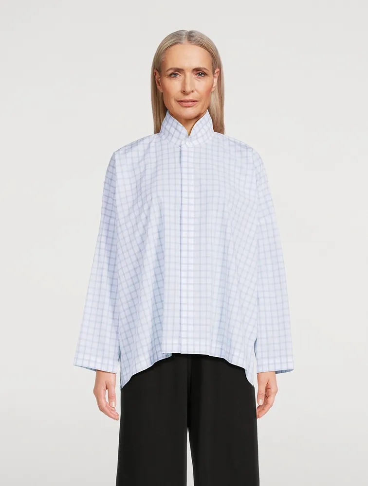 ESKANDAR Double Stand Collar Shirt In Box Check Print | Square One