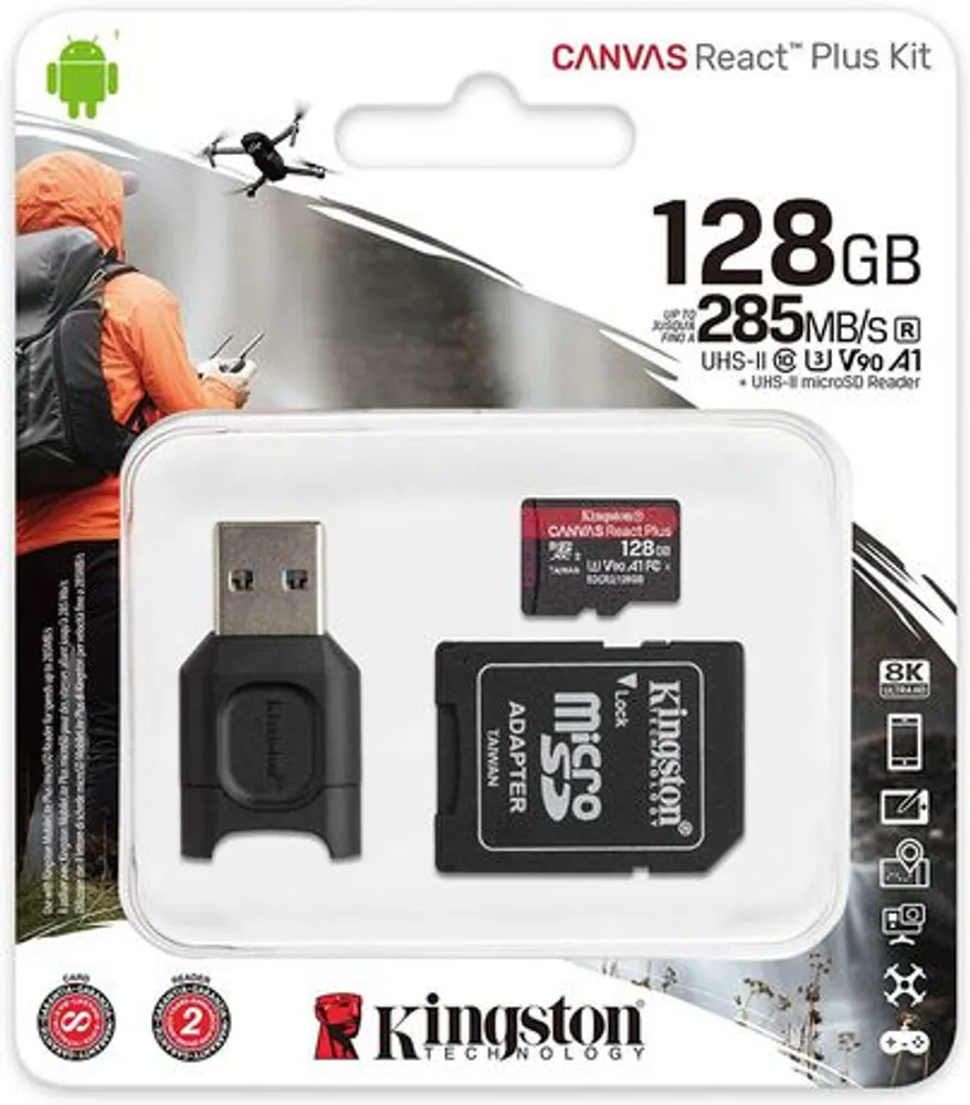 Kingston 128Gb Microsdxc Canvas React Plus 285Mb/S Read Uhs-Ii, C10, U3,  V90, A1 Memory Card + Adapter Black