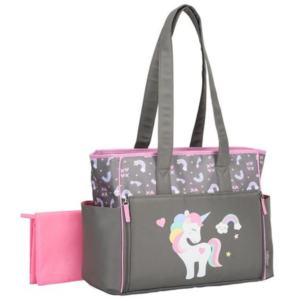 Baby Boom Unicorn Zip Front Tote Diaper Bag Grey Pink Grey