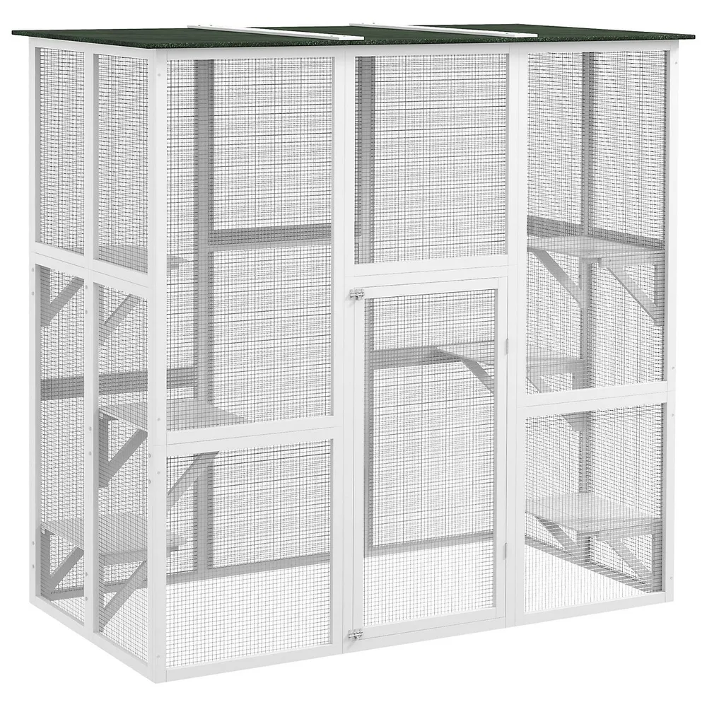 PawHut Large Wooden Outdoor Cat Enclosure Cage White Niagara Pen Centre