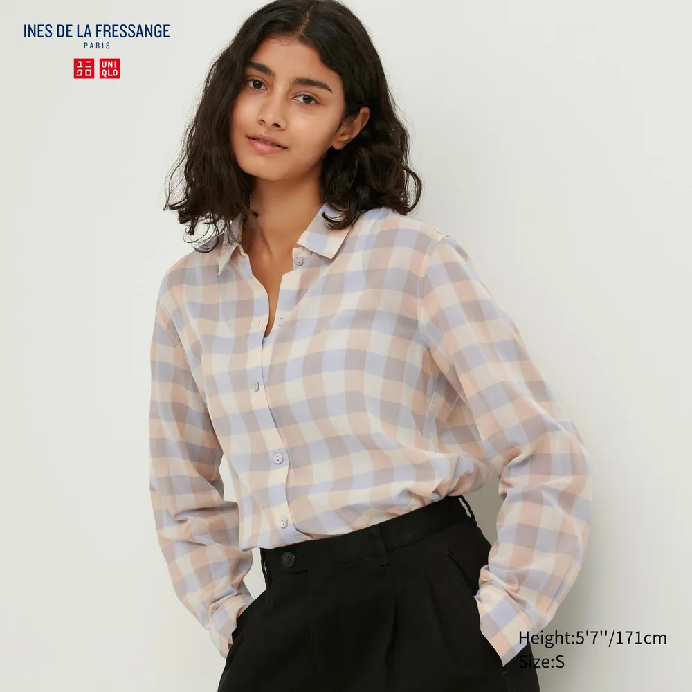 UNIQLO INES DE LA FRESSANGE COTTON SHEER CHECKED LONG SLEEVE SHIRT