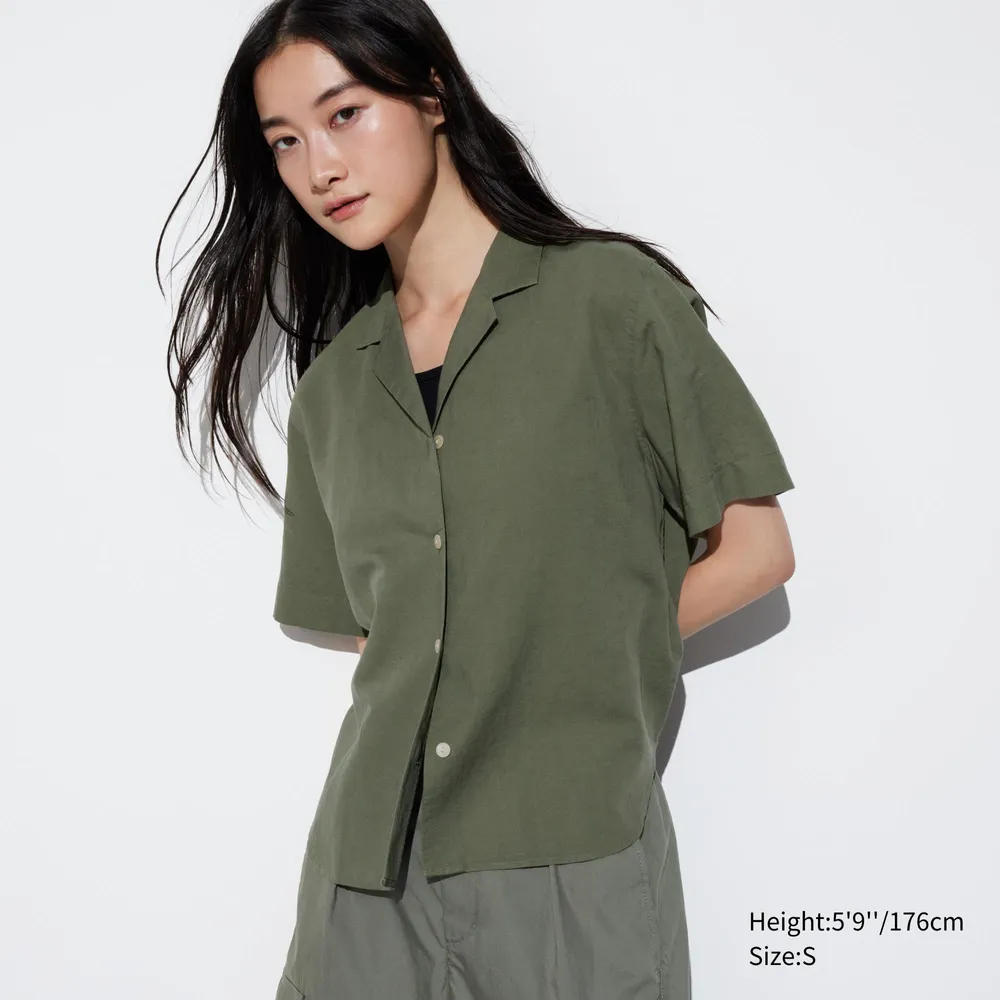 UNIQLO LINEN BLEND OPEN COLLAR SHORT SLEEVE SHIRT | Coquitlam Centre