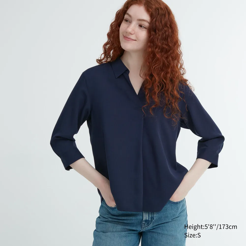 UNIQLO Rayon Skipper Collar 3/4-Sleeve Blouse | Pike and Rose