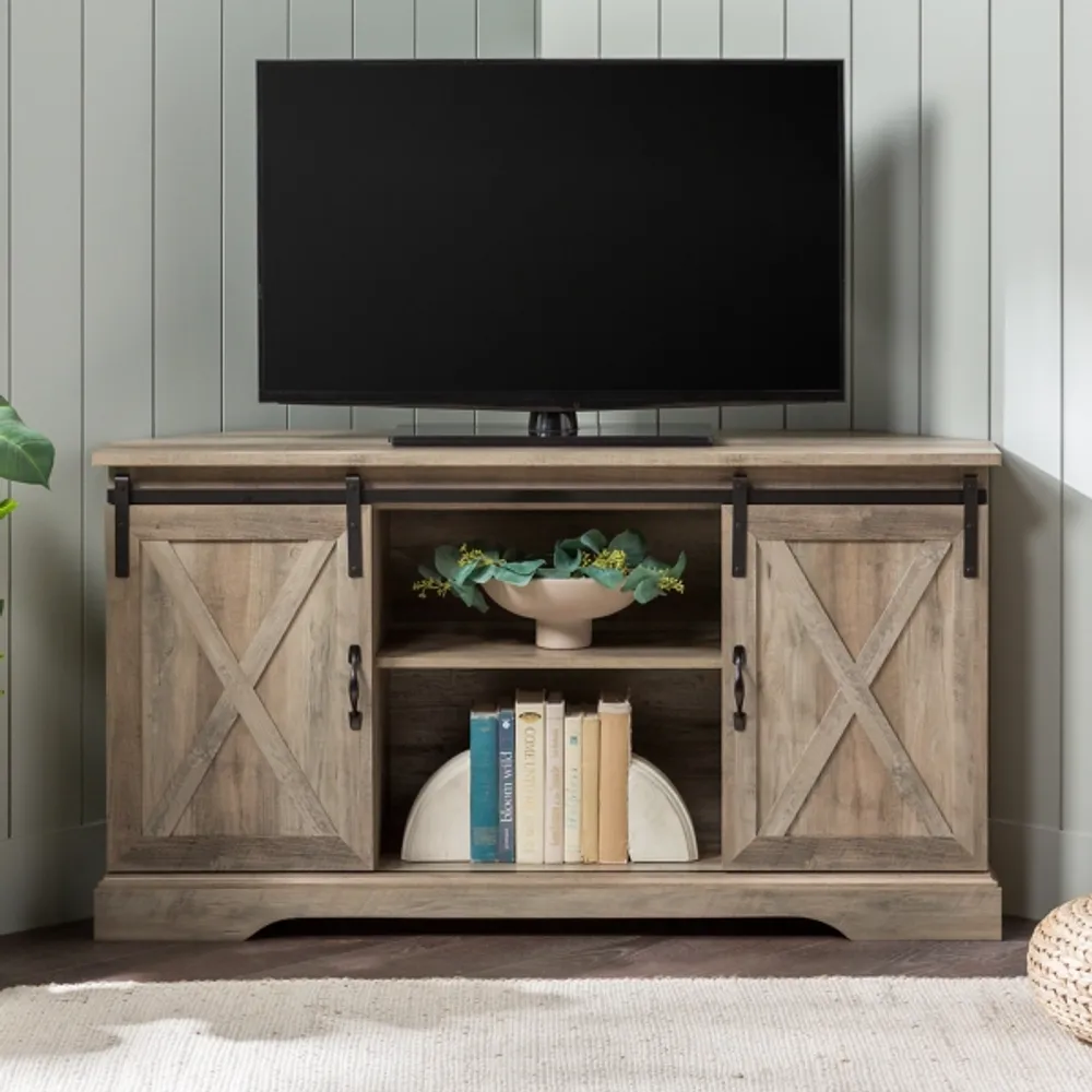Kirklands Gray Sliding Barn Doors Corner TV Stand Hamilton Place