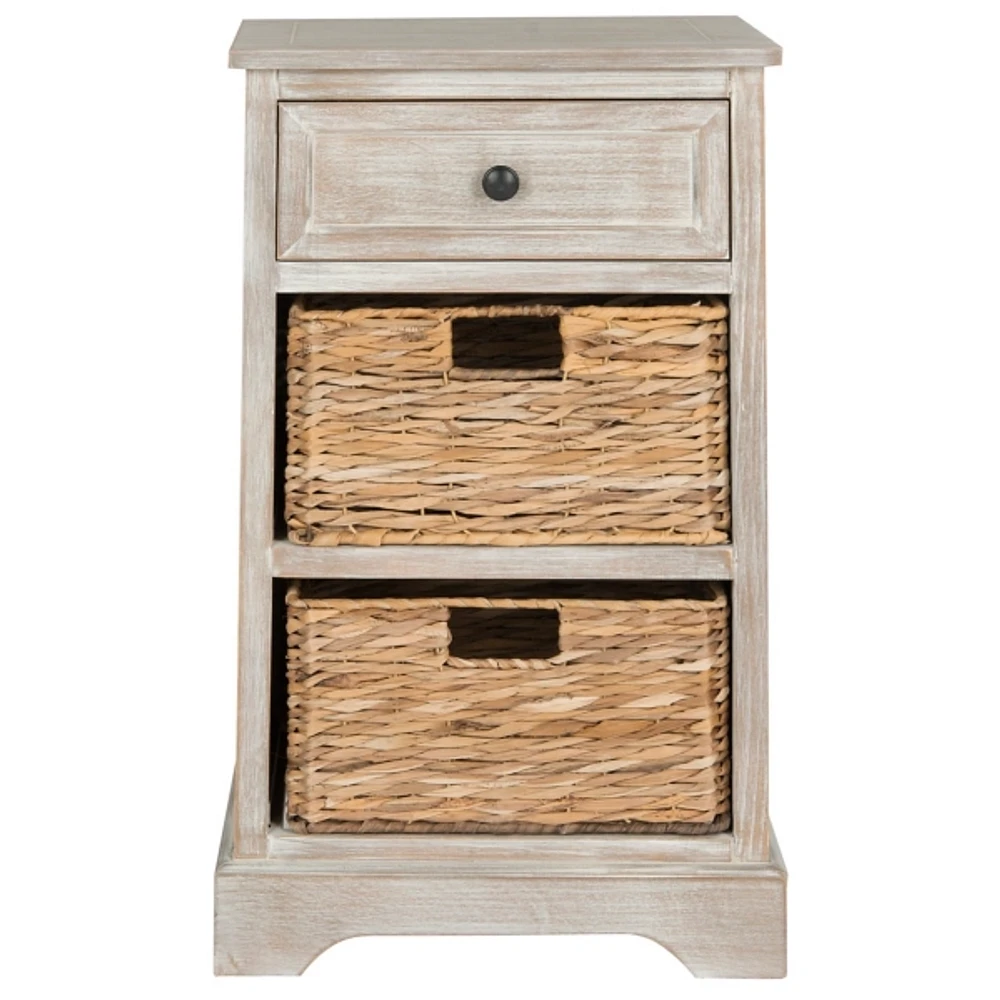 Kirklands Whitewashed Brown Wood Side Table with Baskets Hamilton Place