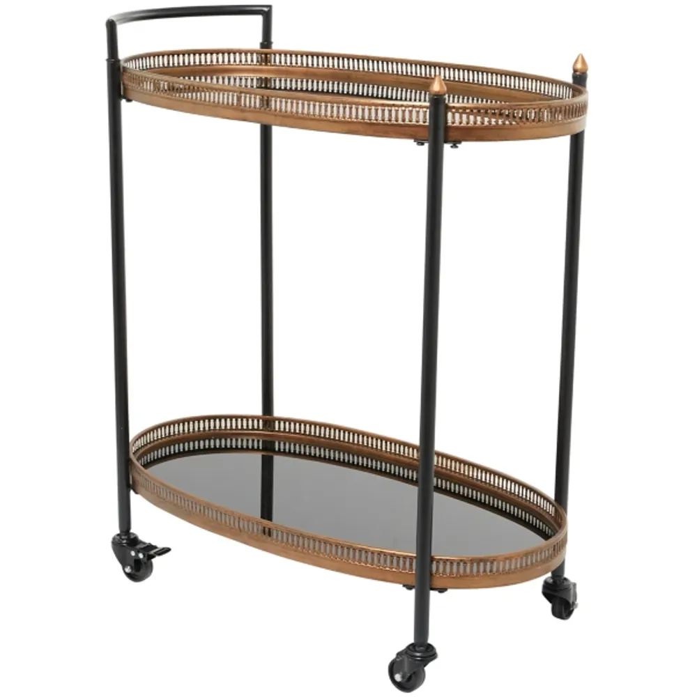 Kirklands Oval Black and Bronze Rolling Bar Cart Hamilton Place