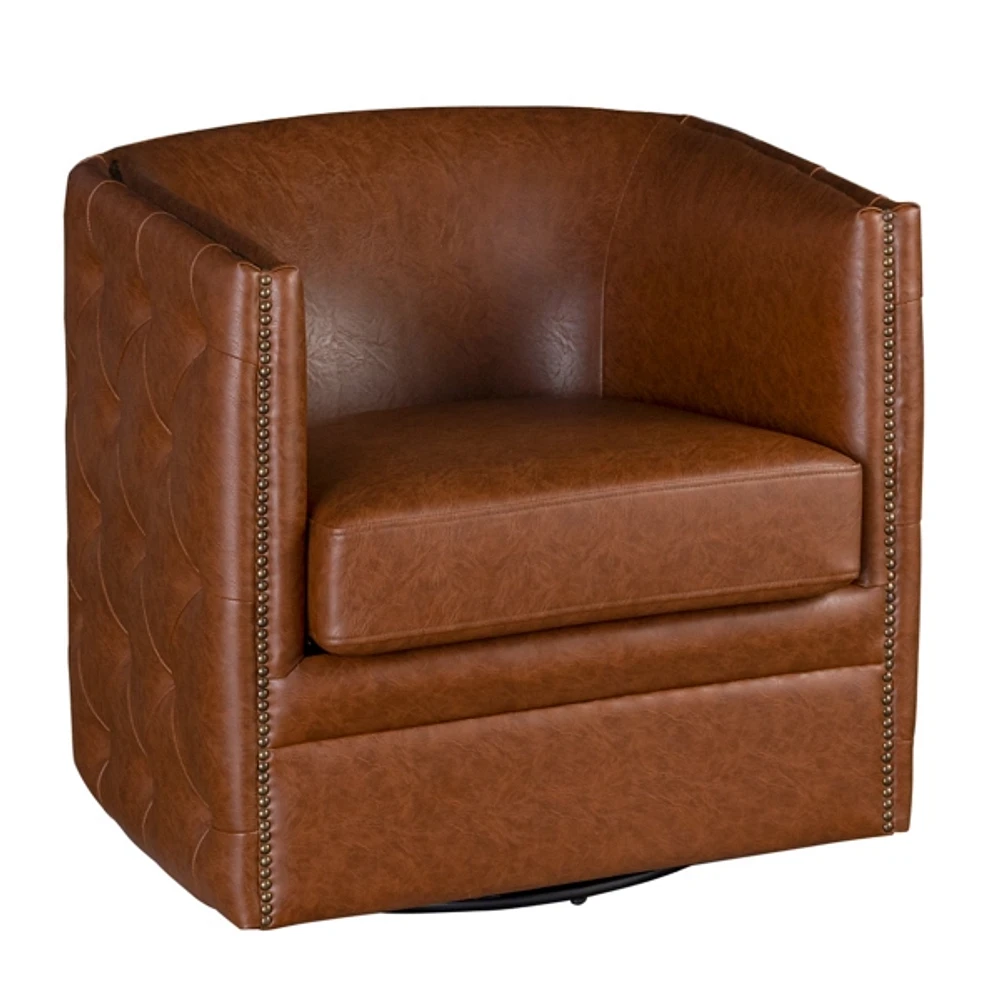 Kirklands Brown Tufted Faux Leather Barrel Swivel Chair | Hamilton Place