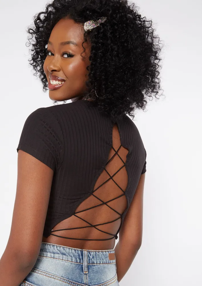 Lace up shop back crop top