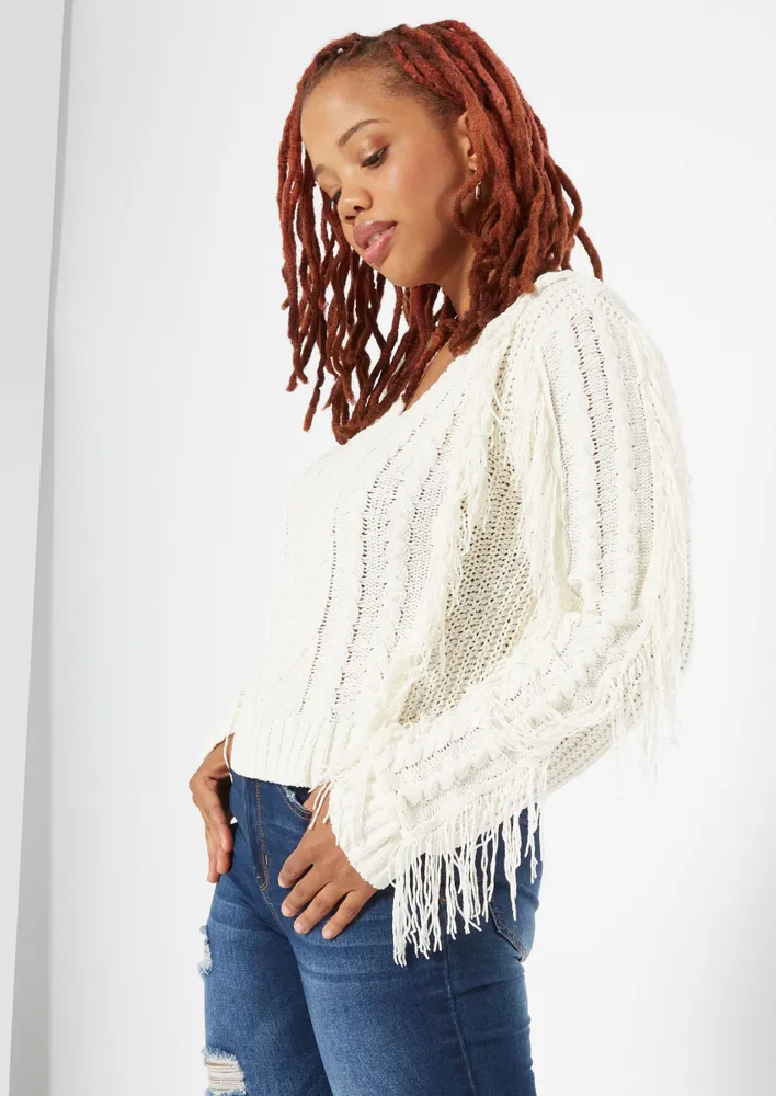 V neck fringe on sale sweater