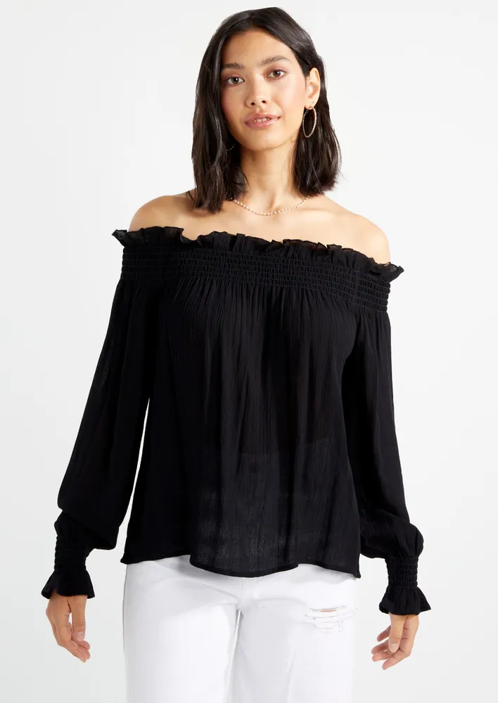 Smocked off the deals shoulder top black