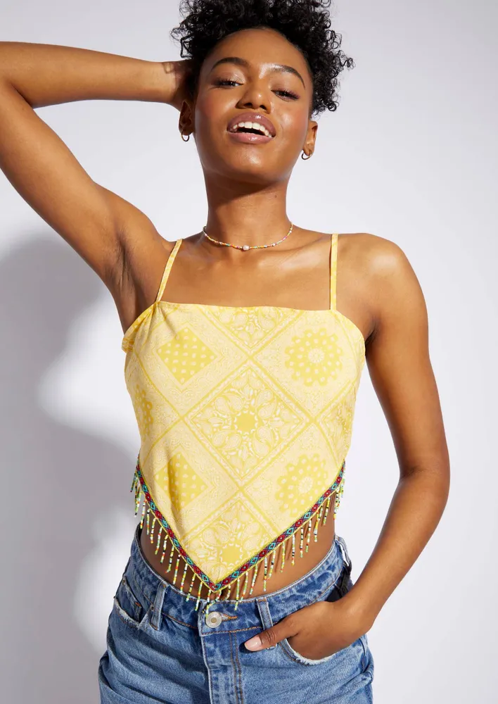 Rue21 Yellow Patchwork Print Beaded Fringe Top | Connecticut Post Mall