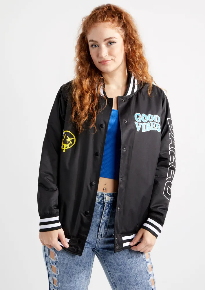 Rue21 Good Vibes Smiley Graphic Satin Bomber Jacket | Green