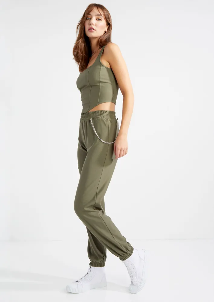 Khaki joggers with on sale chain