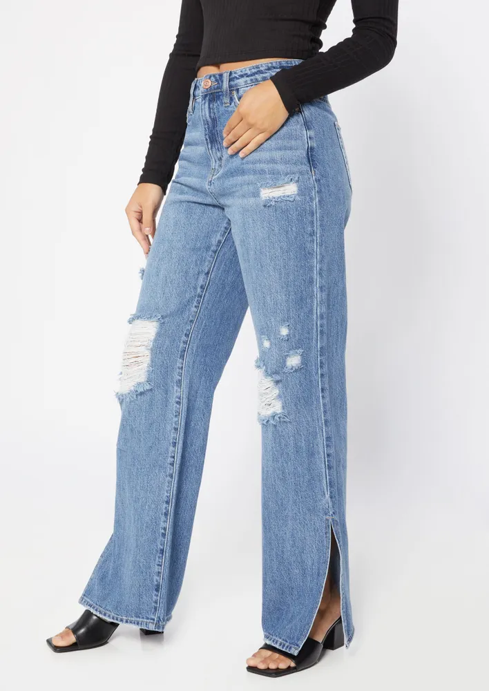 Wide leg jeans with side outlet slits