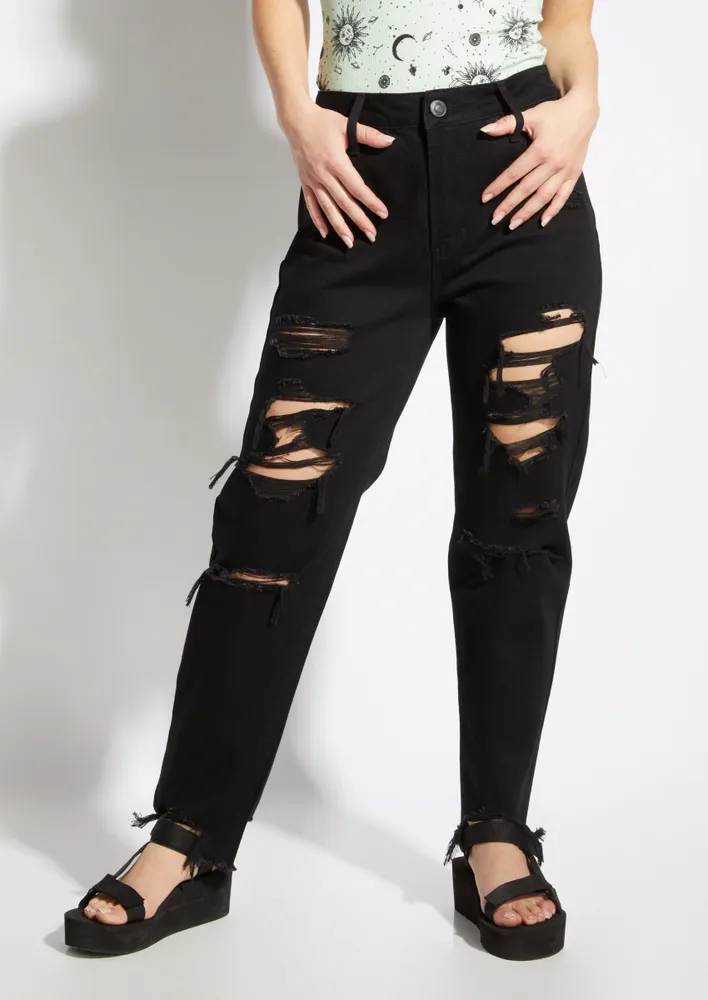 Black high waisted 2024 ripped mom jeans