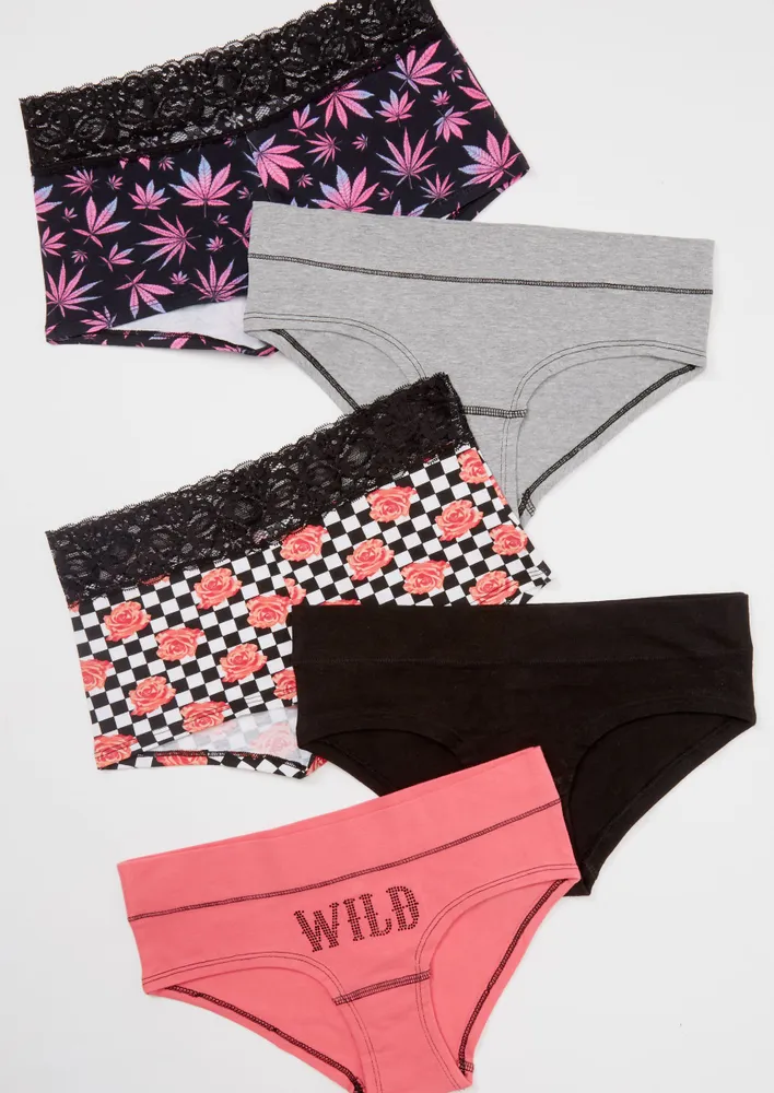 Rue21 5 Pack Checker Weed Print Lace Assorted Fit Undies Set