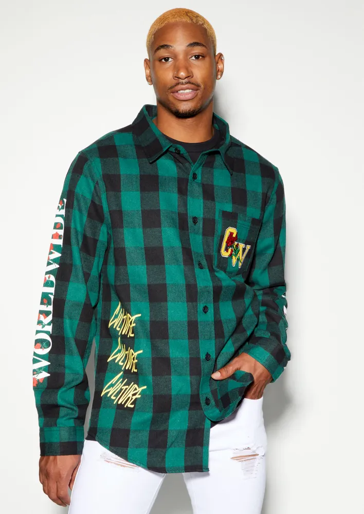 Rue21 Green Plaid Culture Rose Graphic Flannel | Foxvalley Mall