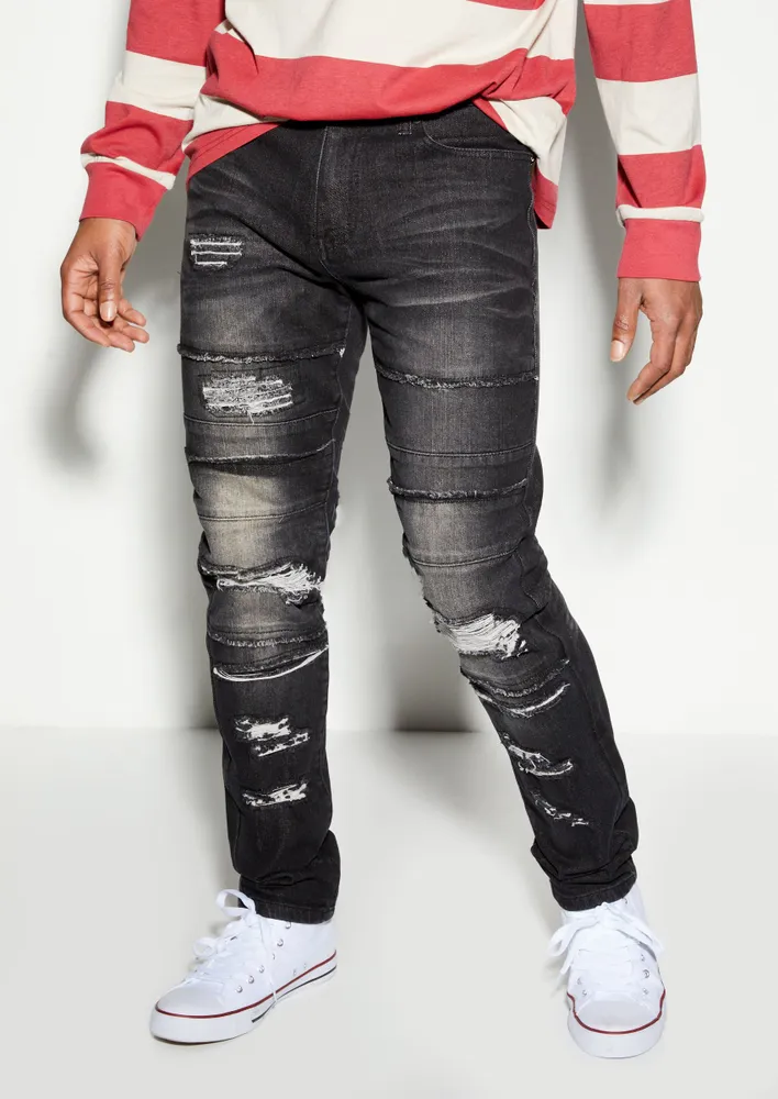 Black rip and repair hot sale jeans