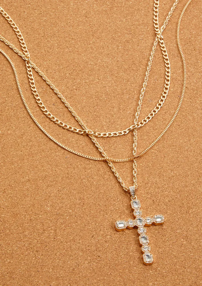 Layered cross necklace deals gold