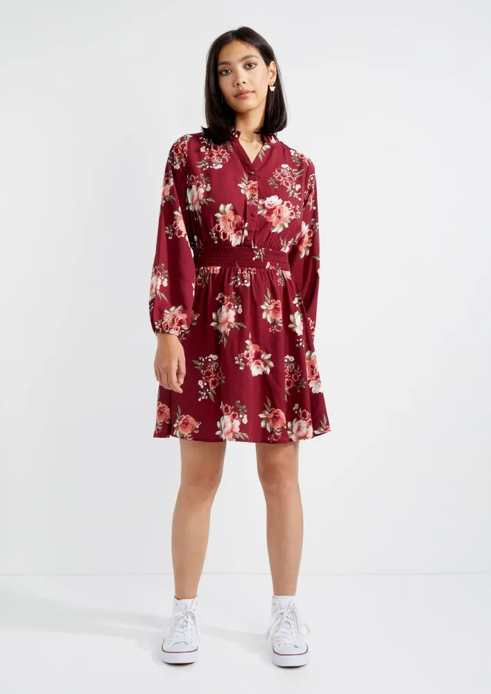 Rue21 Burgundy Floral Smocked Waist Shirt Dress Pueblo Mall