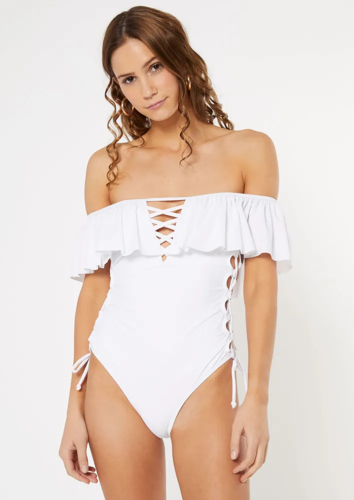 White off cheap the shoulder swimsuit