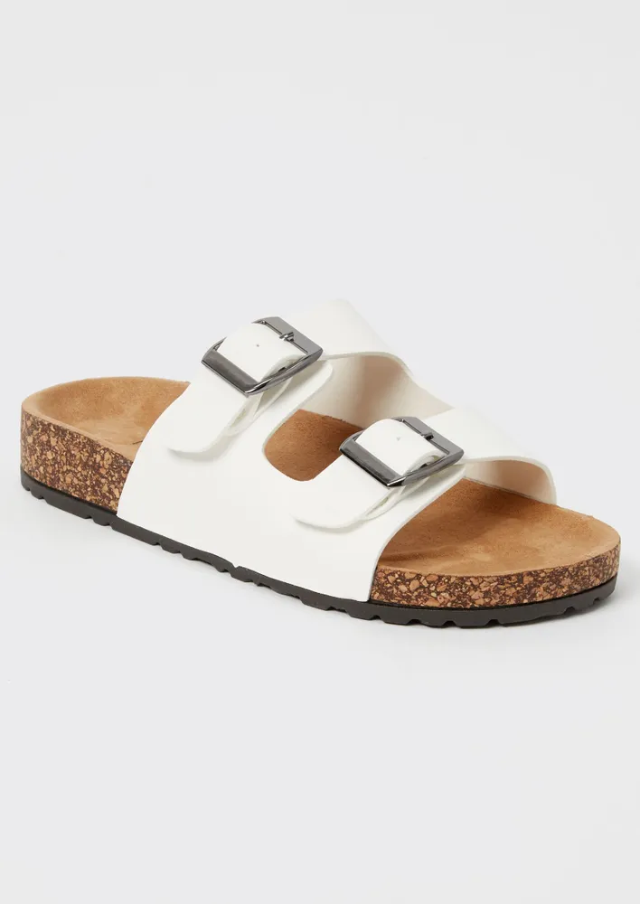 Double buckle hot sale white sandals