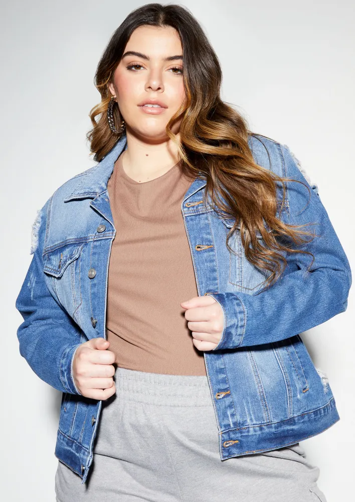 Plus size clearance ripped denim jacket