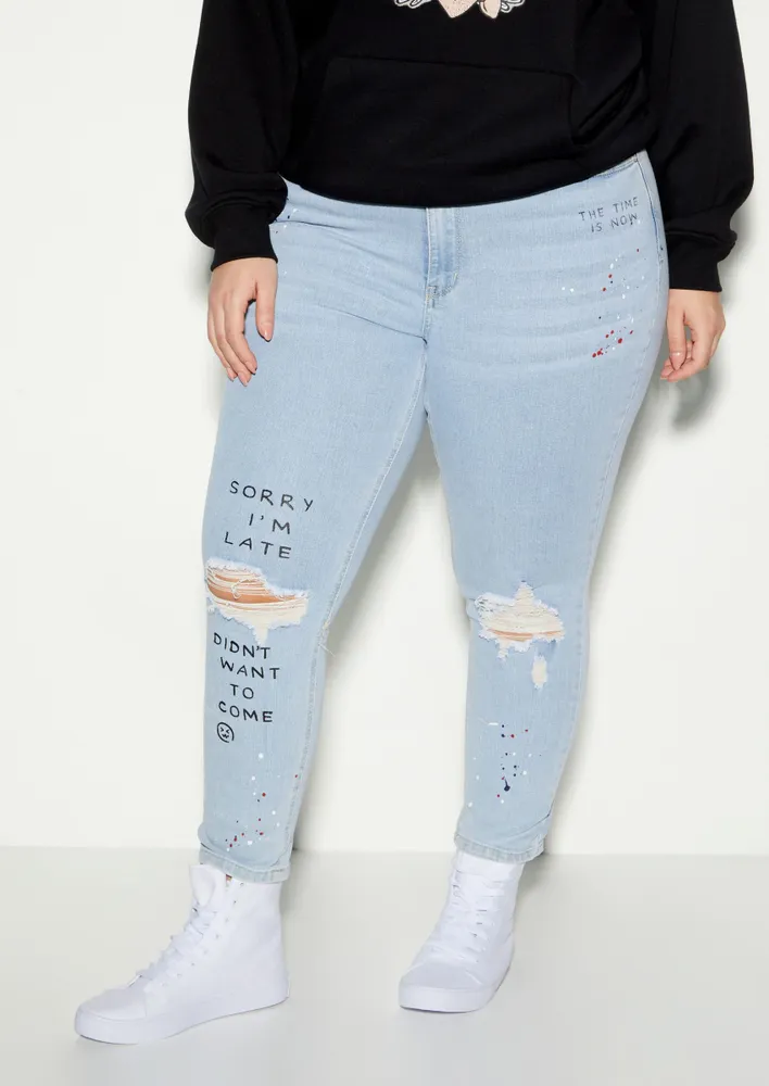 Rue21 Plus Light Wash Text Print Ripped Skinny Jeans | Hamilton Place