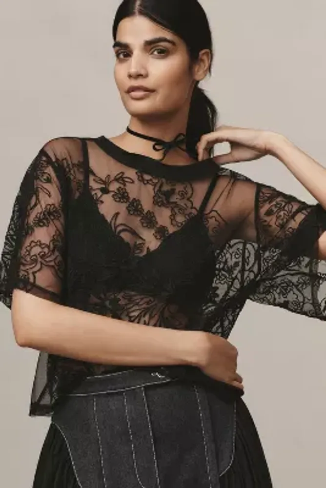 By Anthropologie Short-Sleeve Embroidered Mesh Top | MarketFair 