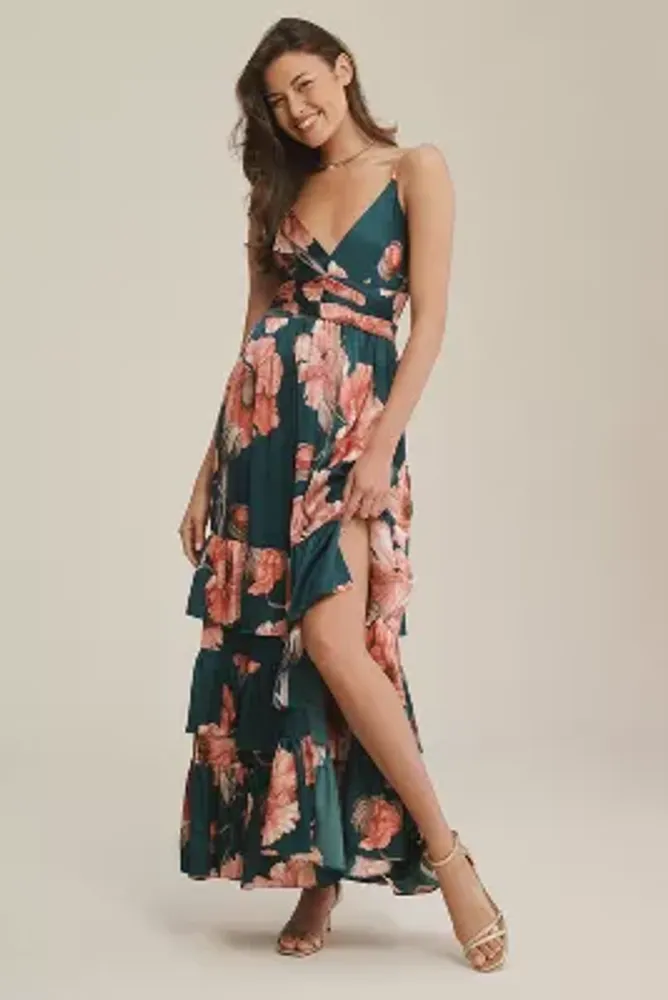 Hutch Guthrie Sleeveless Floral V-Neck Side-Slit Satin Maxi Dress 