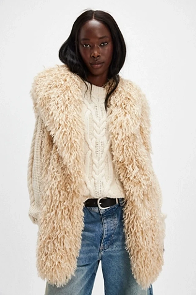 Free People store cream shaggy fur coat Large