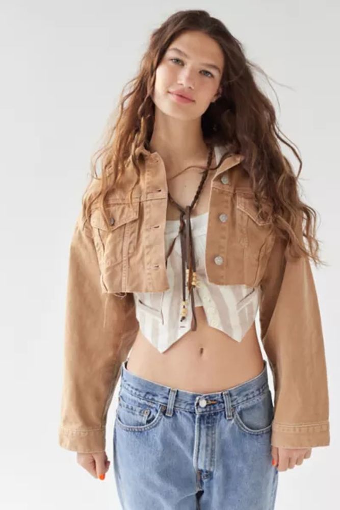 Cropped denim trucker store jacket