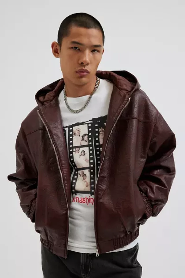 【U LAN】Track shirring leather hooded jacket Sherpa Lined Hoodie - Lambskin Leather Jacket | Gully