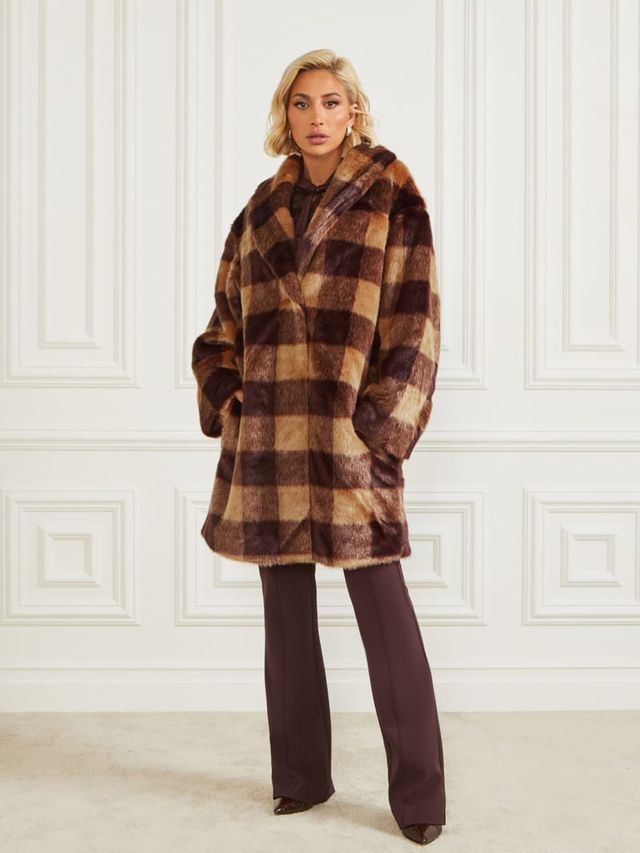 Guess plaid coat deals