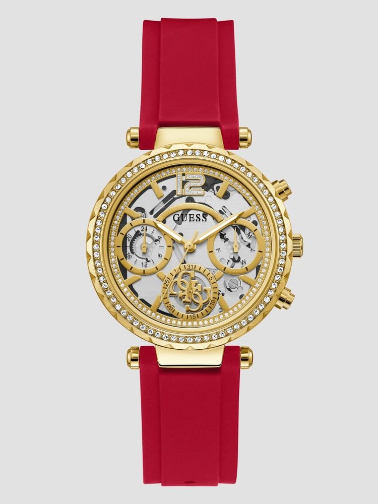 GUESS Gold Tone and Red Silicone Multifunction Watch Bramalea
