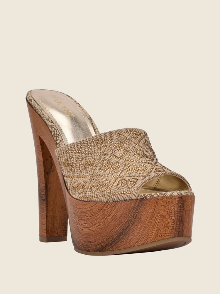 GUESS Gemely Logo Rhinestone Wooden Heels Mall of America