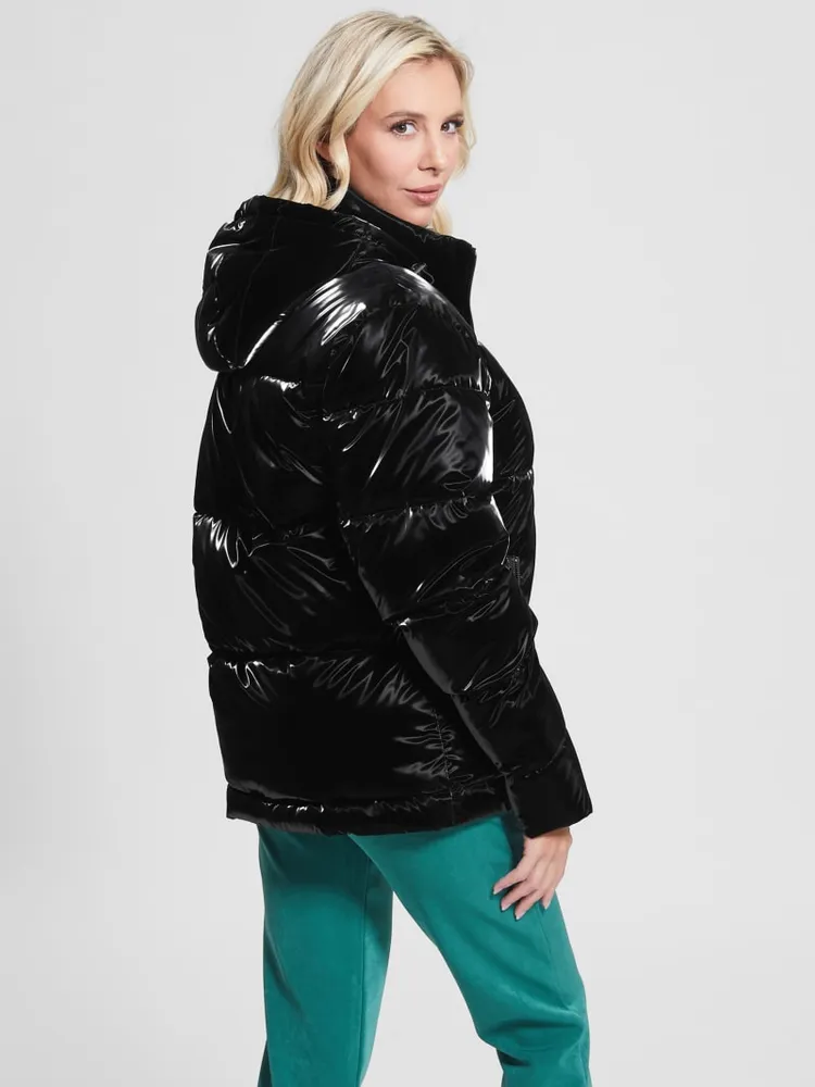 Metallic black puffer jacket deals