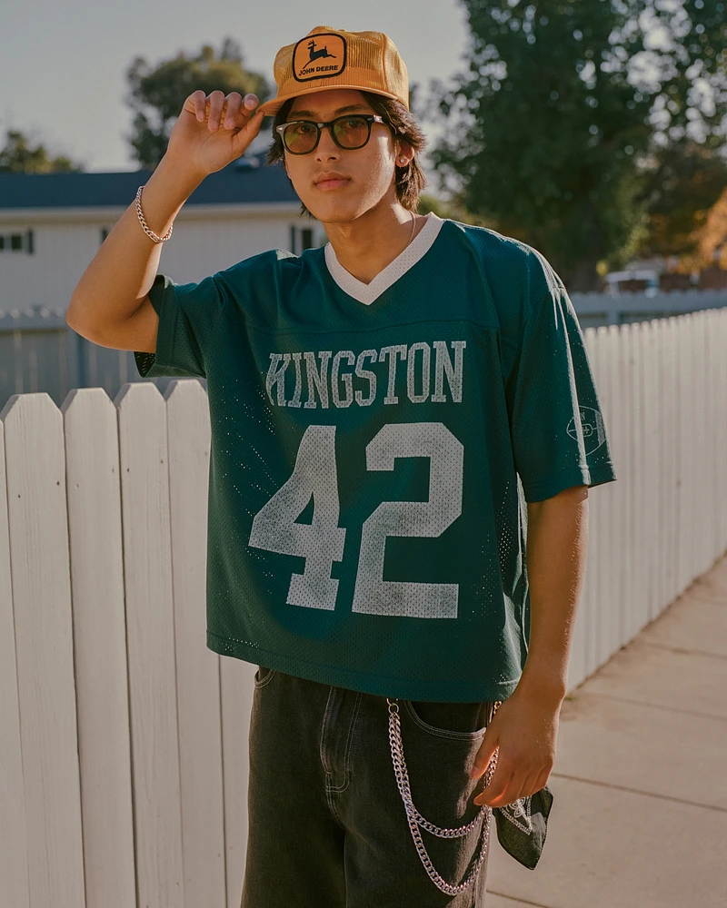 Hollister Boxy Crop Mesh Kingston Graphic Football Jersey at