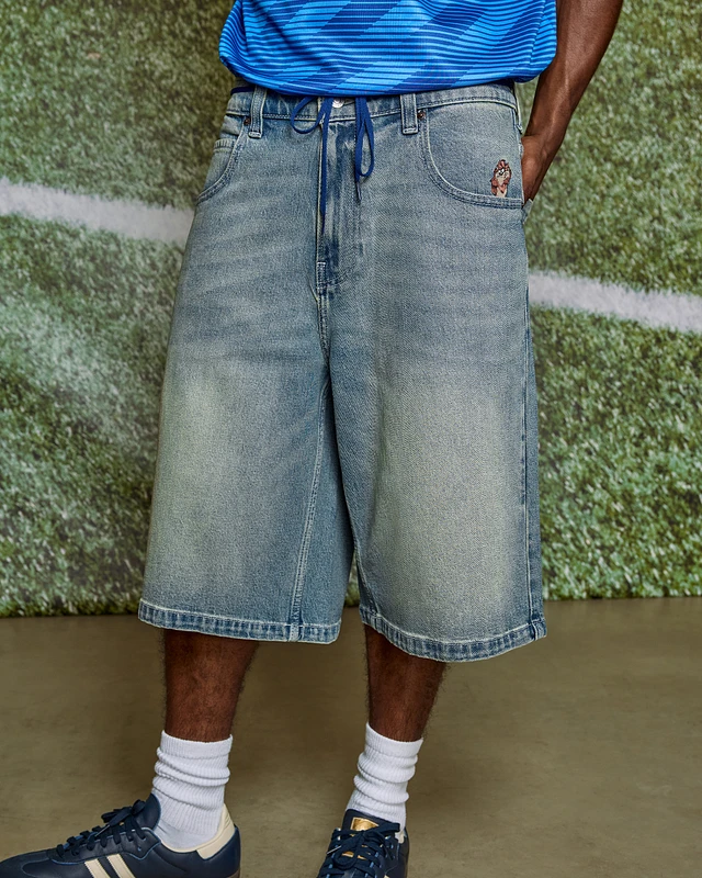 Hollister Taz Graphic Medium Wash Super Baggy Denim Shorts