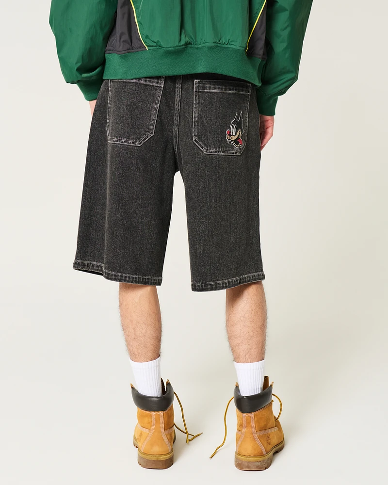 Hollister Washed Black Cat Graphic Super Baggy Denim Shorts