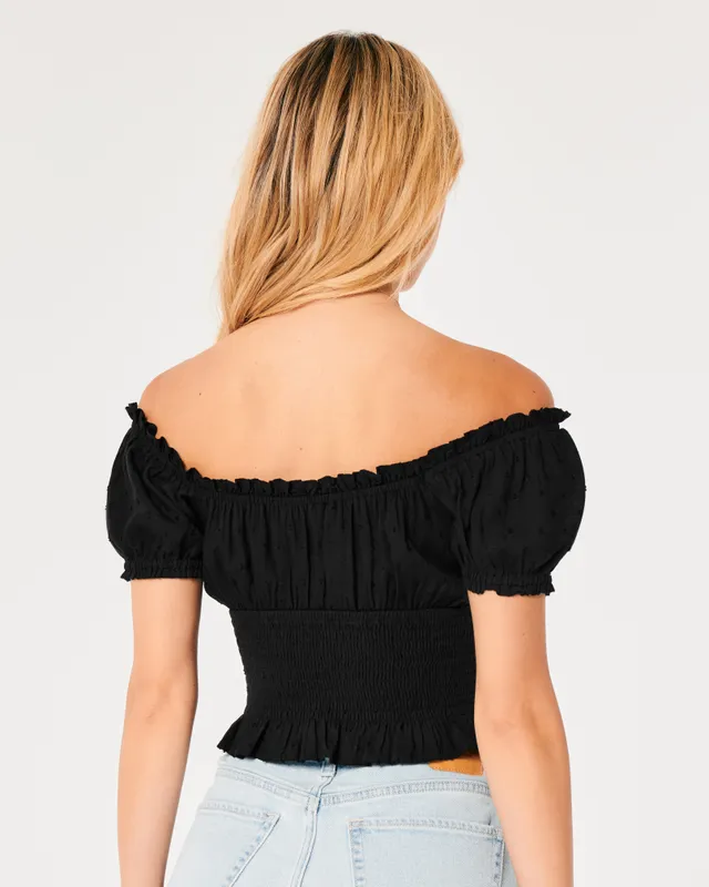 Hollister smocked off the shoulder crop outlet top