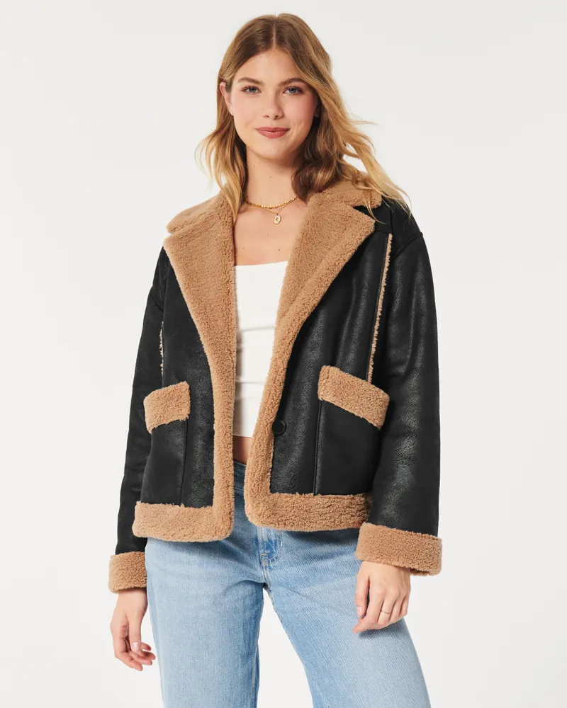 Hollister faux shearling biker jacket hot sale