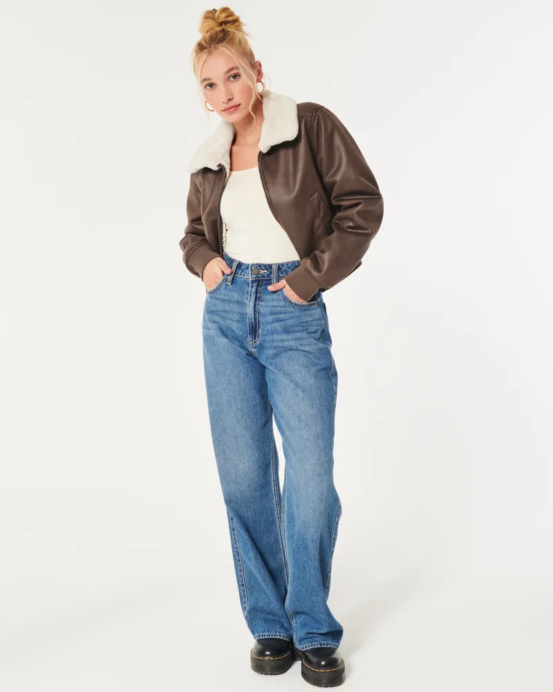 Hollister Faux Fur Lined Suede Crop Bomber Jacket Mall of America