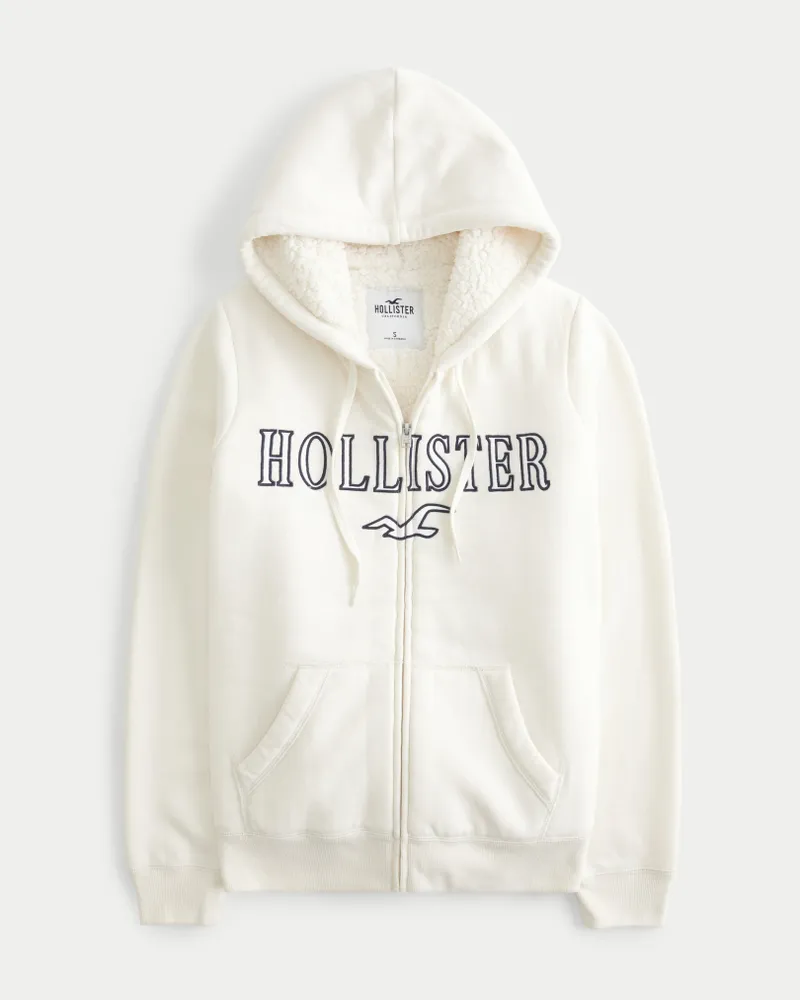 Hollister Faux Shearling Lined Zip Up Logo Graphic Hoodie Mall